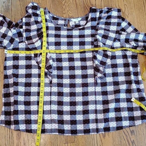 BUFFALO CHECK RUFFLE TOP SIZE PLUS 2X BLACK WHITE RED LONG SLEEVE COTTON - Picture 10 of 10